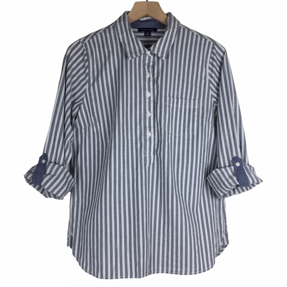 TOMMY HILFIGER Top Popover Stripe Roll Tab Sleeves Classic Minimalist Medium